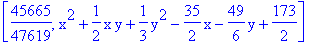 [45665/47619, x^2+1/2*x*y+1/3*y^2-35/2*x-49/6*y+173/2]